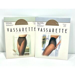 Vassarette Pantyhose Floral Lace Hi Cut Panty Tummy Control M NUDE New 2 Pairs